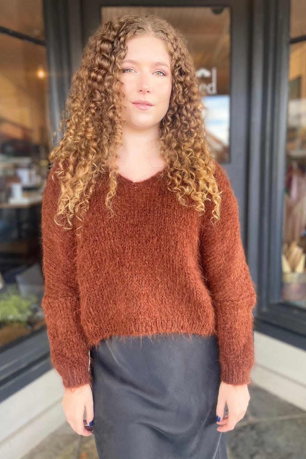 Handknit V Neck Alpaca Sweater Cognac The Wool Shed Australia