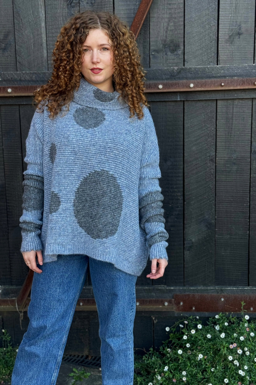 Oversize Alpaca Spot Sweater - Baby Blue/Grey