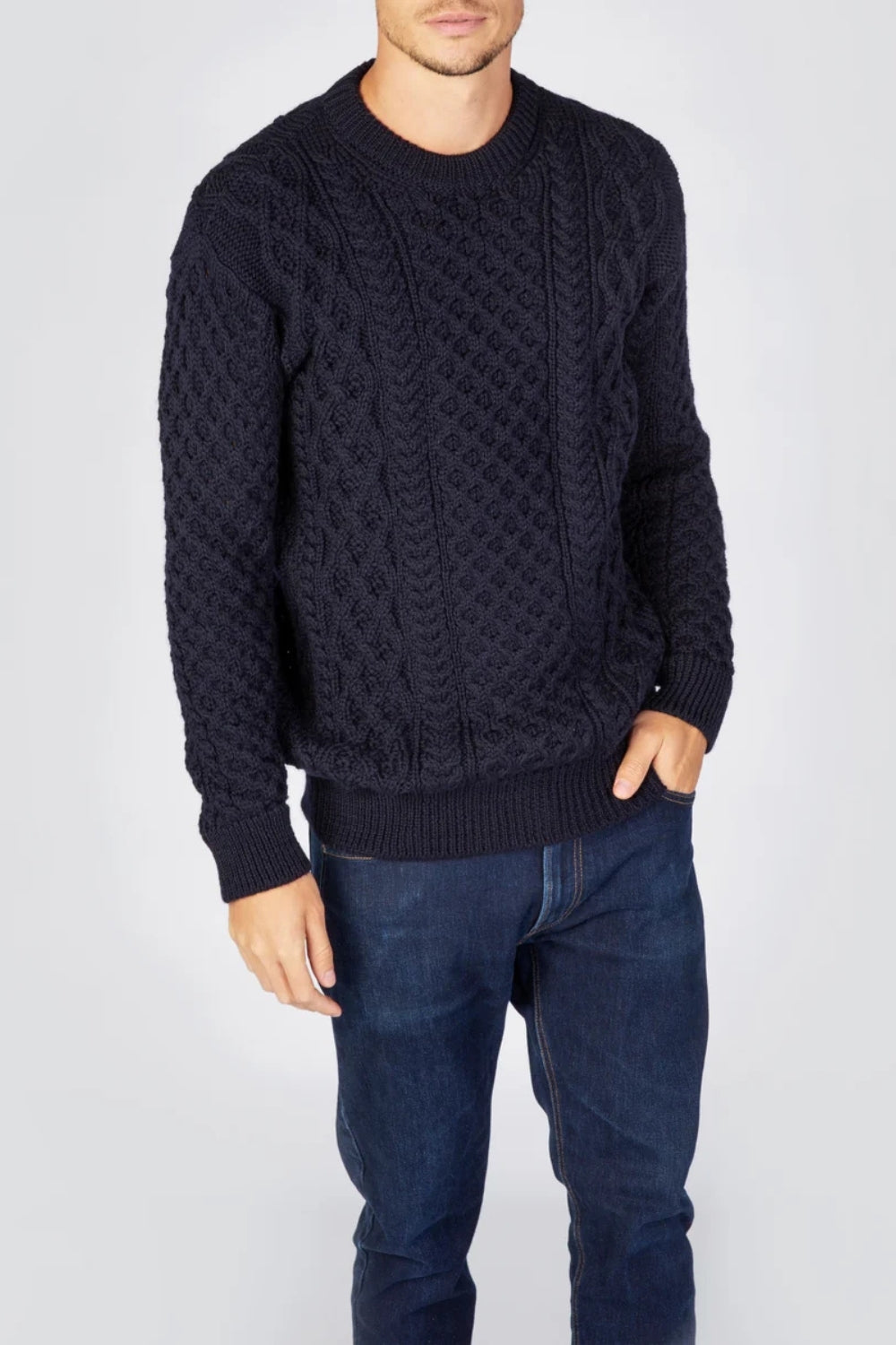 Honeycomb Stitch Blasket Aran Sweater - Navy