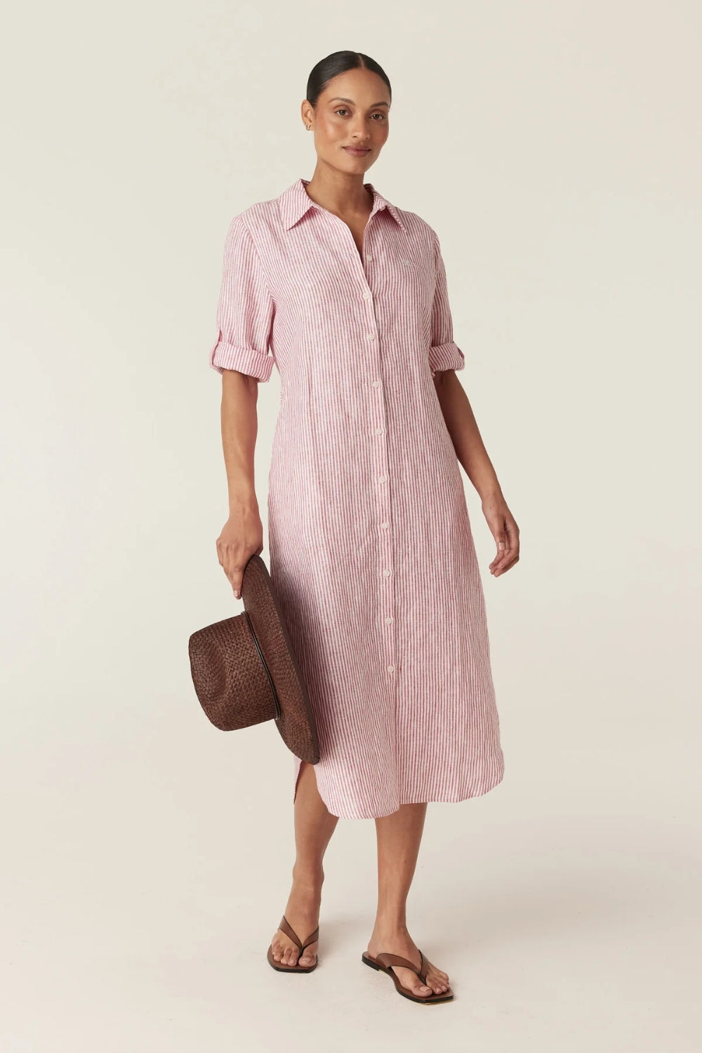 Pure Linen Tie Shirt Dress - Red Stripe