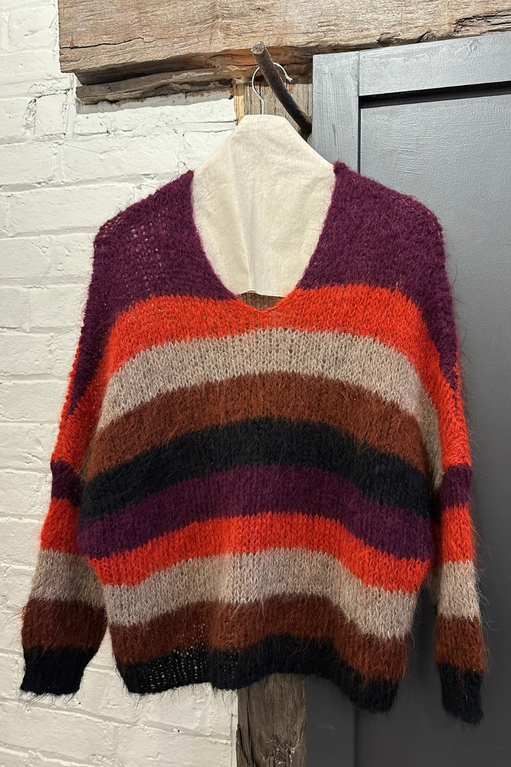 Handknit V Neck Alpaca Sweater - Multi Stripe