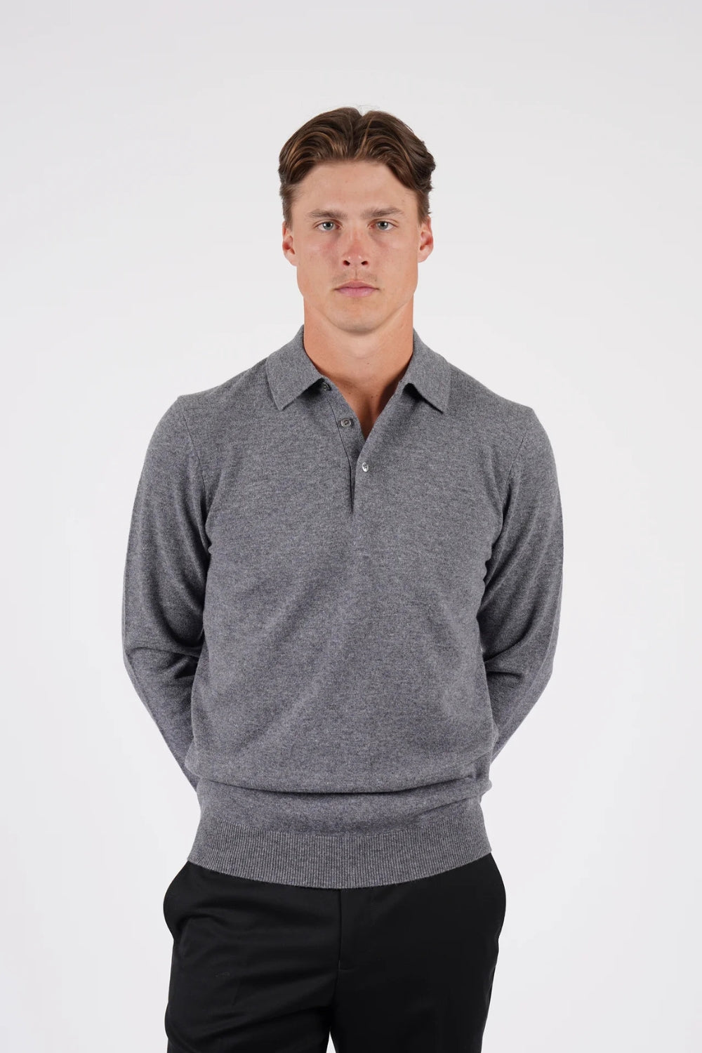 Pure Merino Wool L/S Polo - Grey Marle