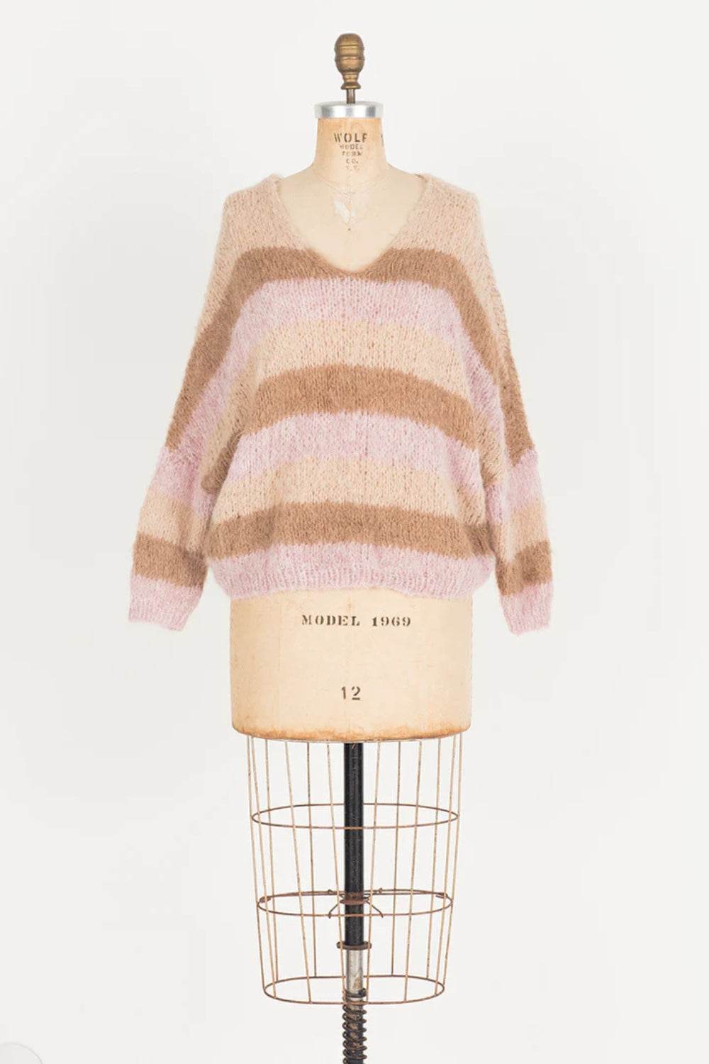 Handknit V Neck Alpaca Sweater - Pink Stripe