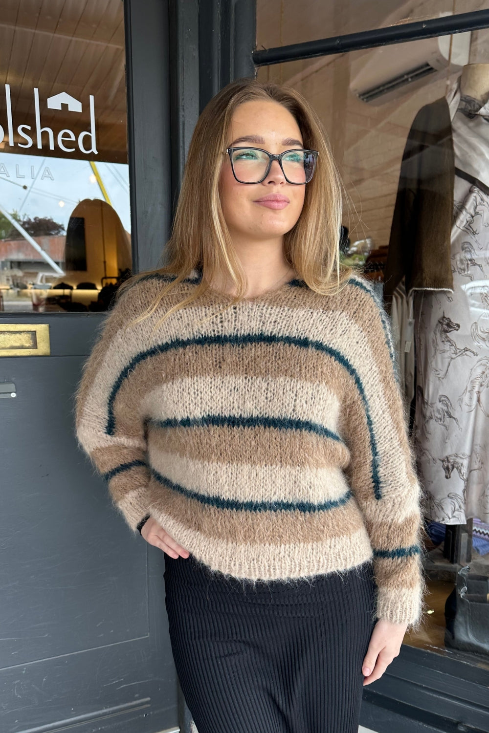 Handknit V Neck Alpaca Sweater - Natural & Petrol Stripe