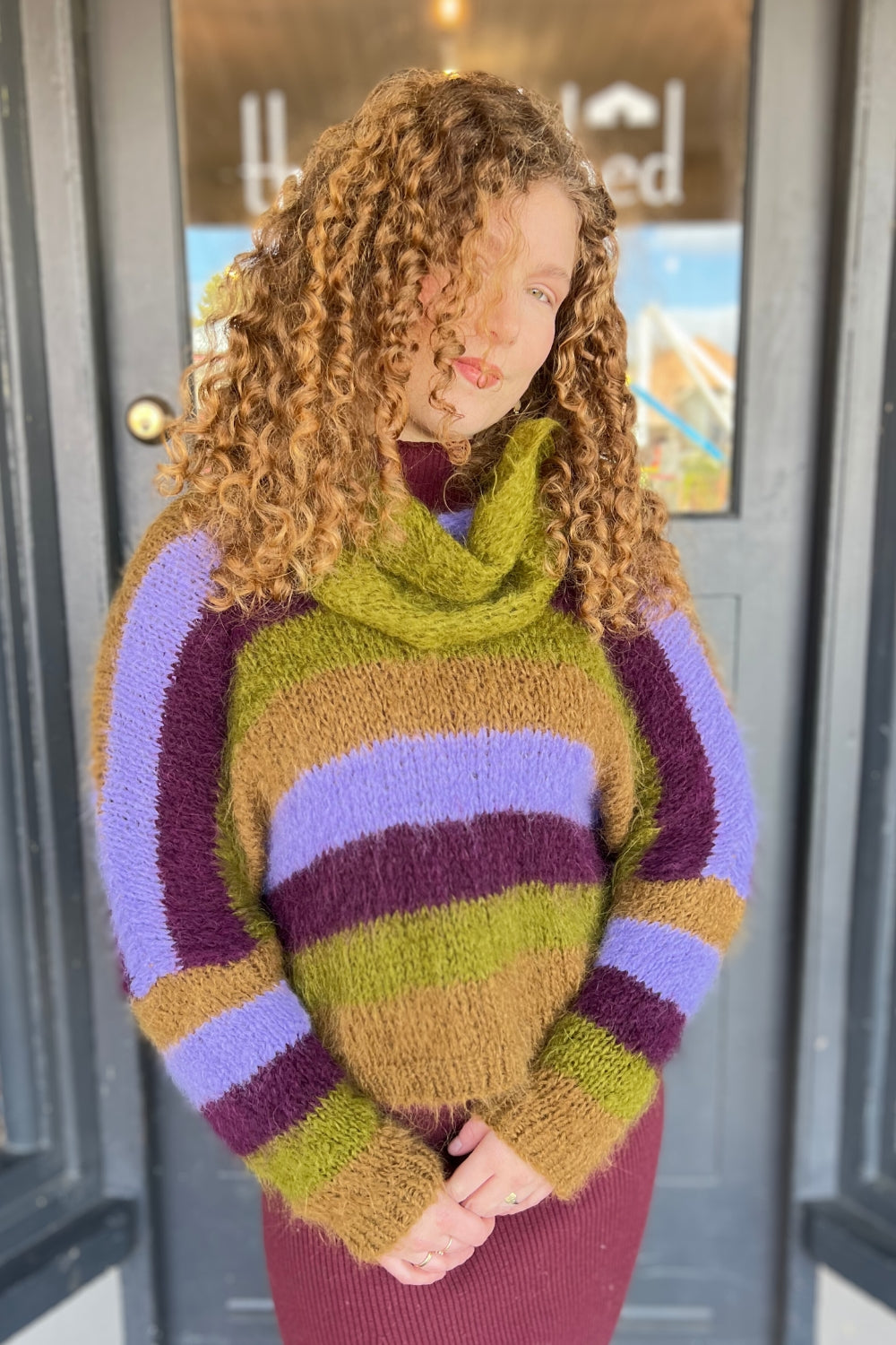 Handknit V Neck Alpaca Sweater - Chartreuse & Purple Multi