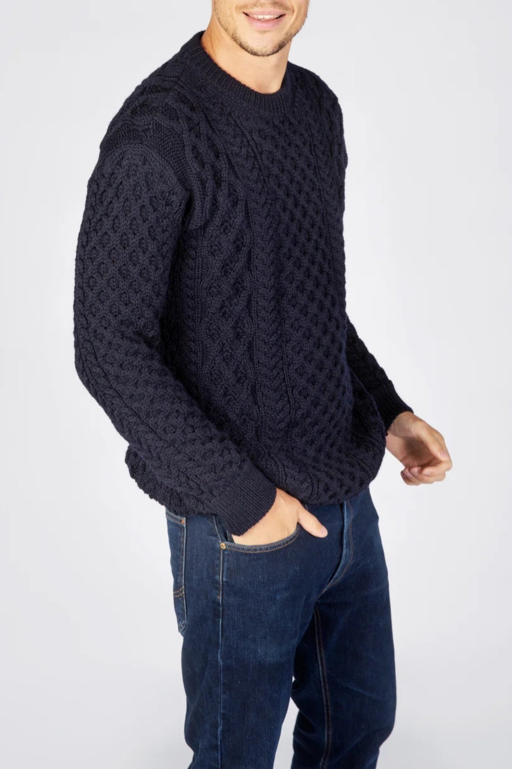 Honeycomb Stitch Blasket Aran Sweater - Navy