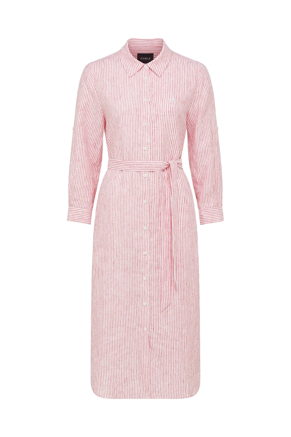 Pure Linen Tie Shirt Dress - Red Stripe