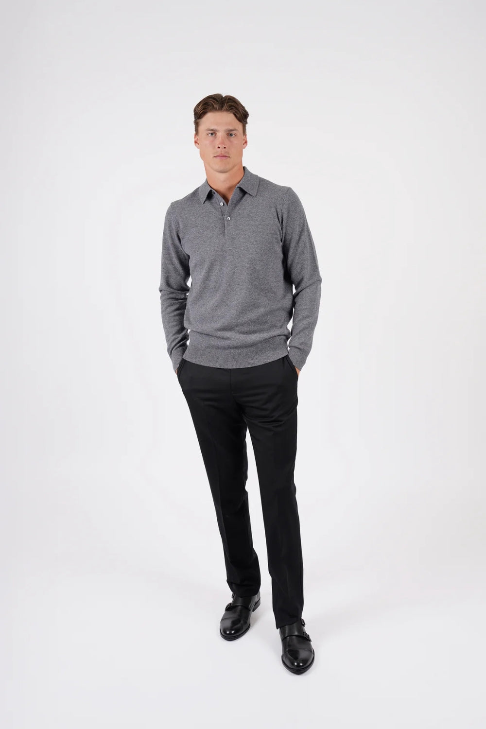 Pure Merino Wool L/S Polo - Grey Marle