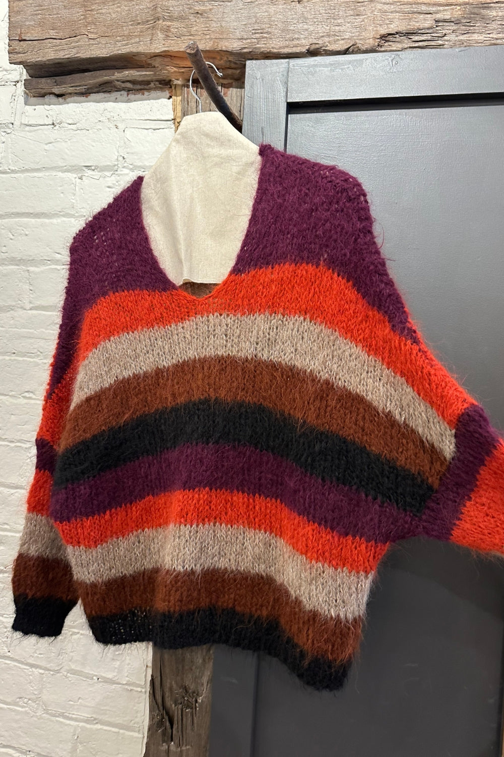 Handknit V Neck Alpaca Sweater - Multi Stripe