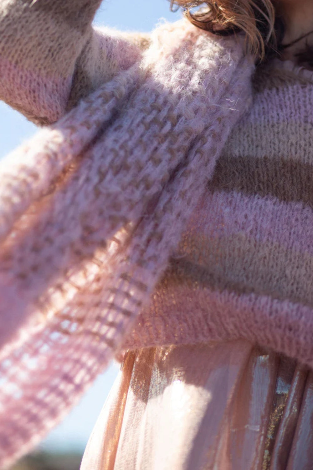 Handknit V Neck Alpaca Sweater - Pink Stripe