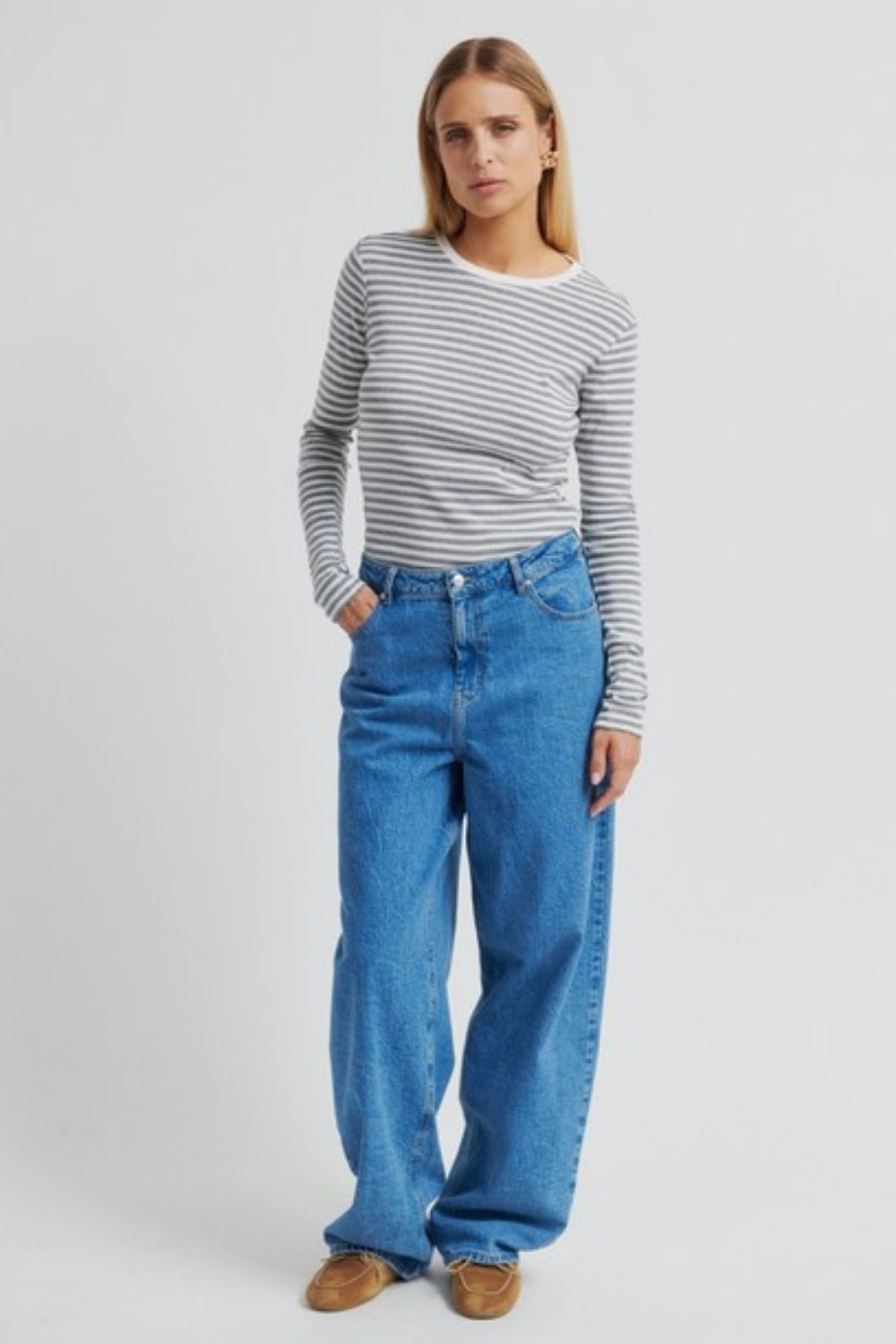 Alvida Long Sleeve Stipe Top - Light Grey Melange