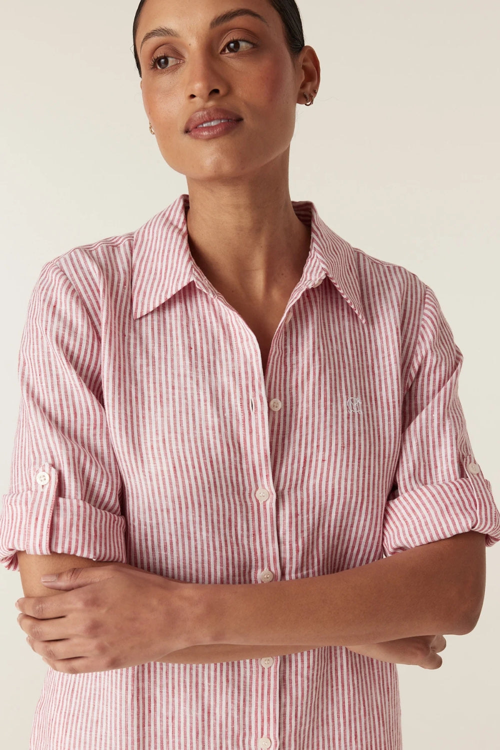 Pure Linen Tie Shirt Dress - Red Stripe