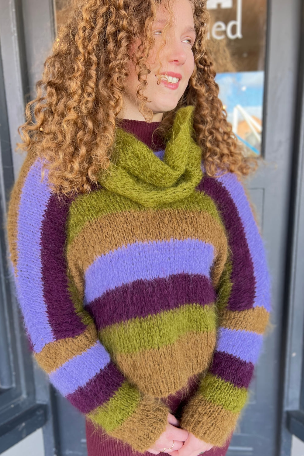 Handknit V Neck Alpaca Sweater - Chartreuse & Purple Multi