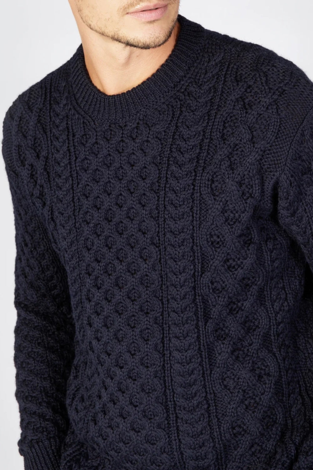 Honeycomb Stitch Blasket Aran Sweater - Navy