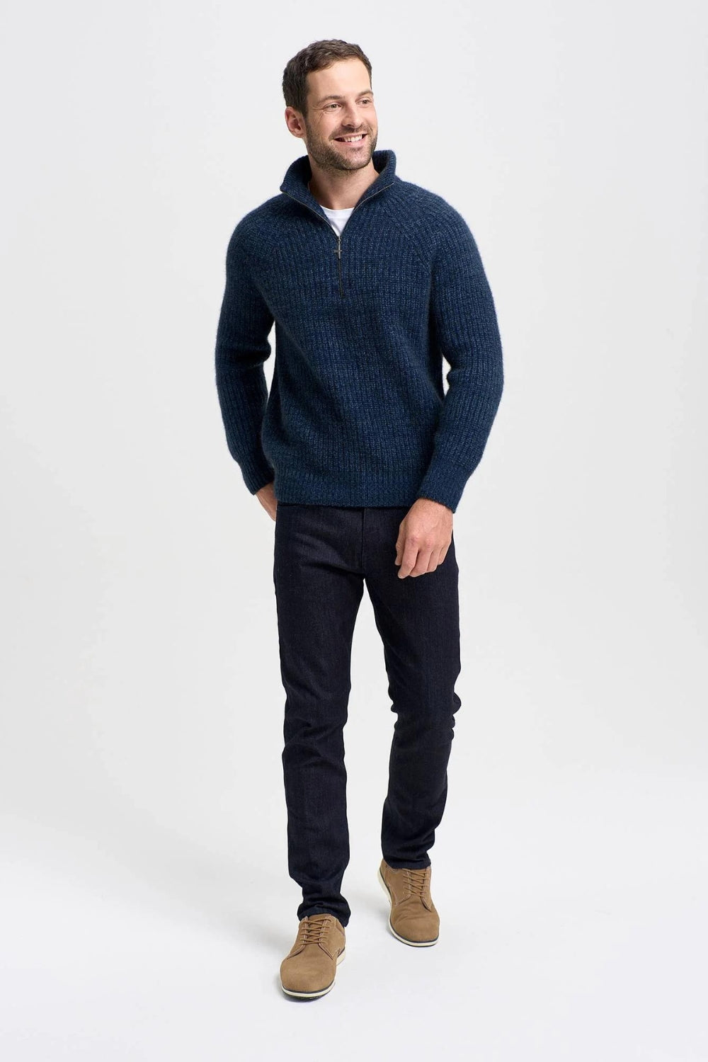 Unisex Kenzie Zip Sweater - Zephyr/Deep Sea Mix – The Wool Unisex Kenzie Zip Sweater - Zephyr/Deep Sea Mix – The Wool