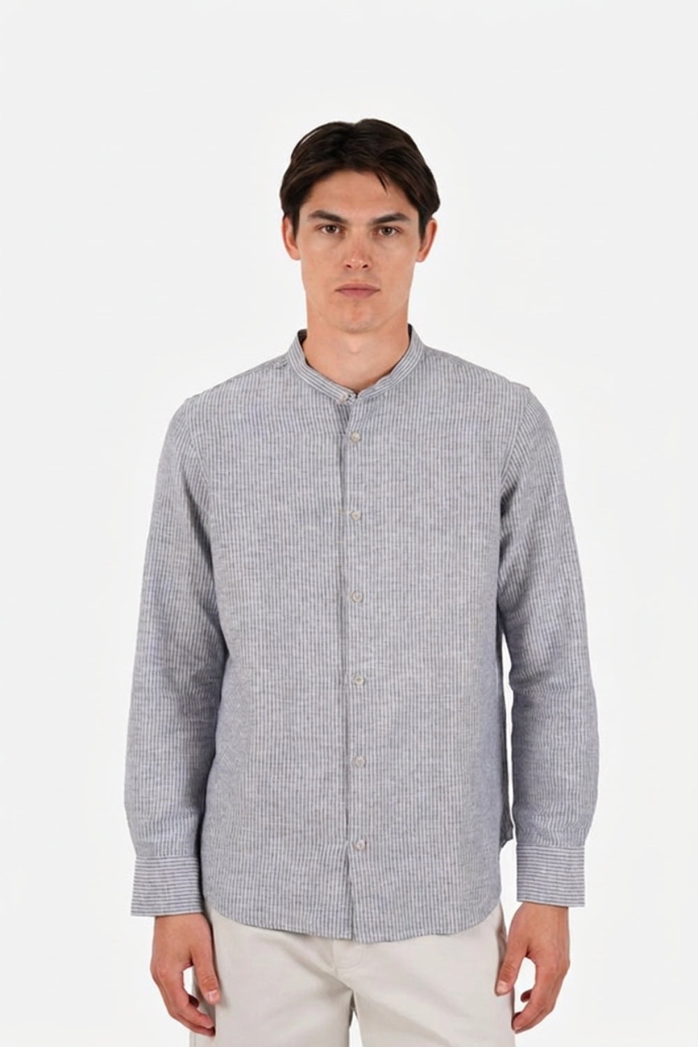 Grandpa Collar Shirt - Fine Blue Stripe