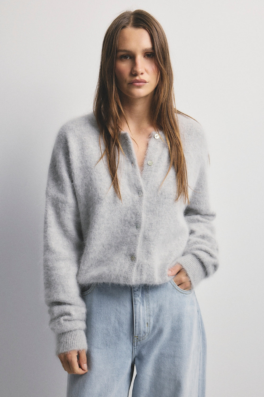 Frankie Cashmere Crew Cardigan - Light Grey