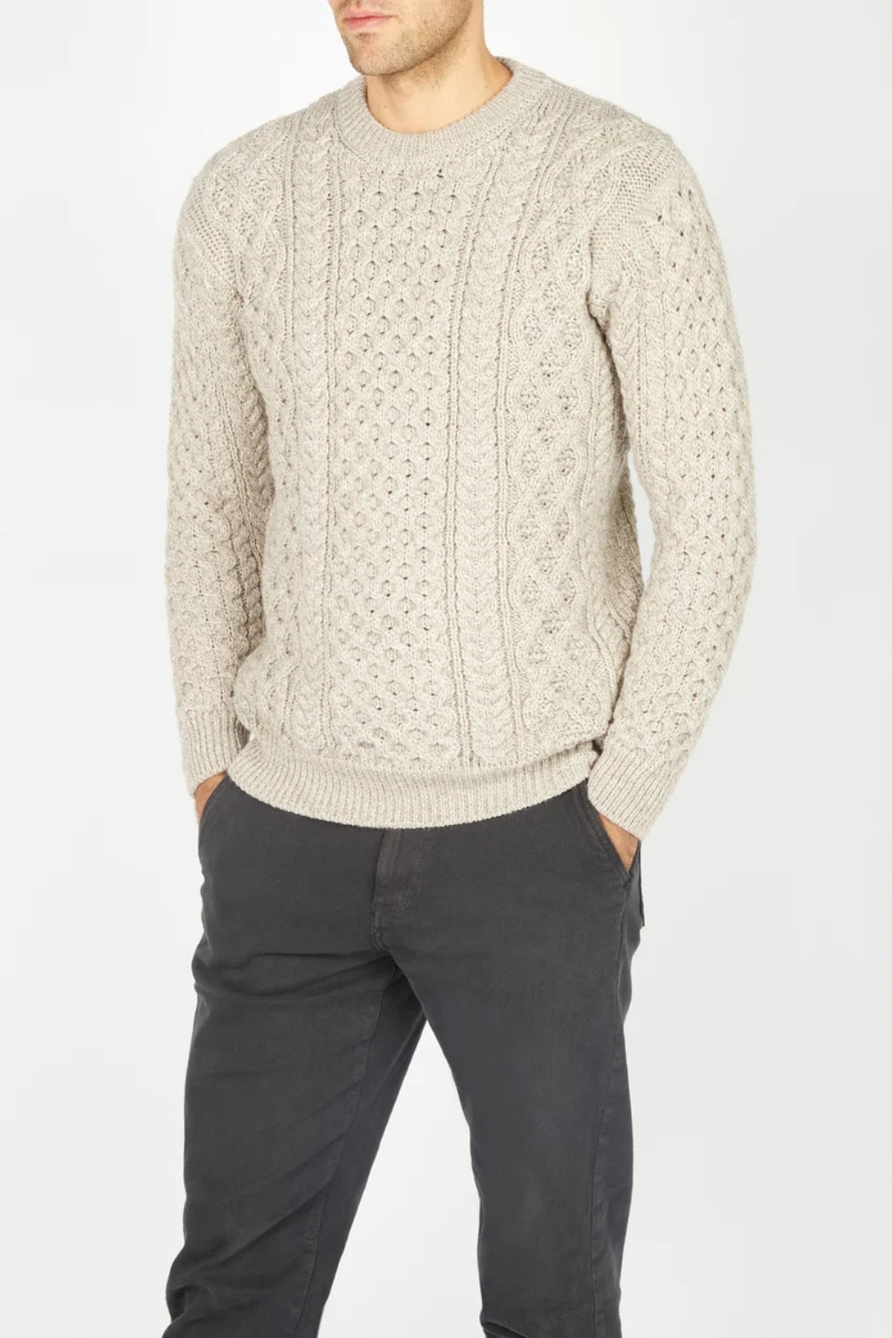 Honeycomb Stitch Blasket Aran Sweater - Stone Marl
