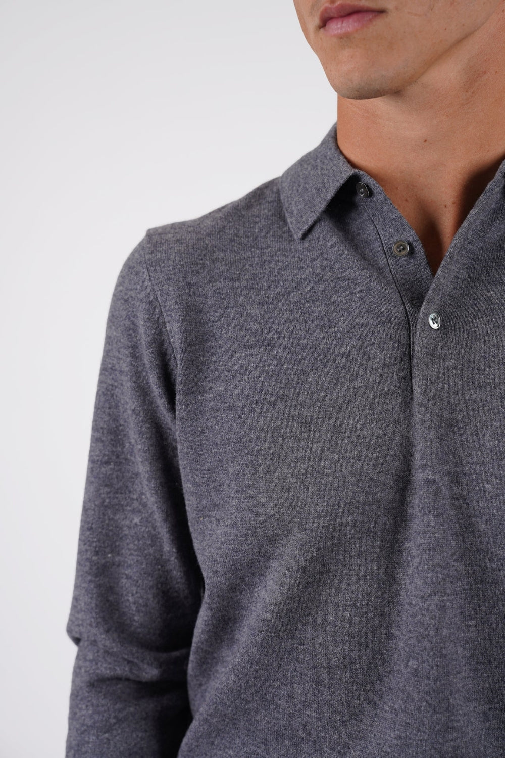 Pure Merino Wool L/S Polo - Grey Marle