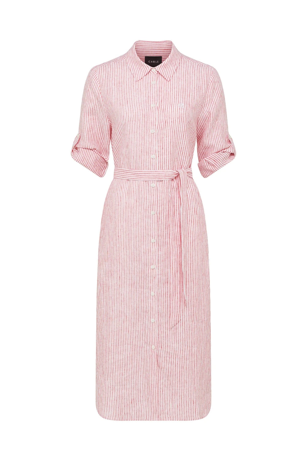 Pure Linen Tie Shirt Dress - Red Stripe