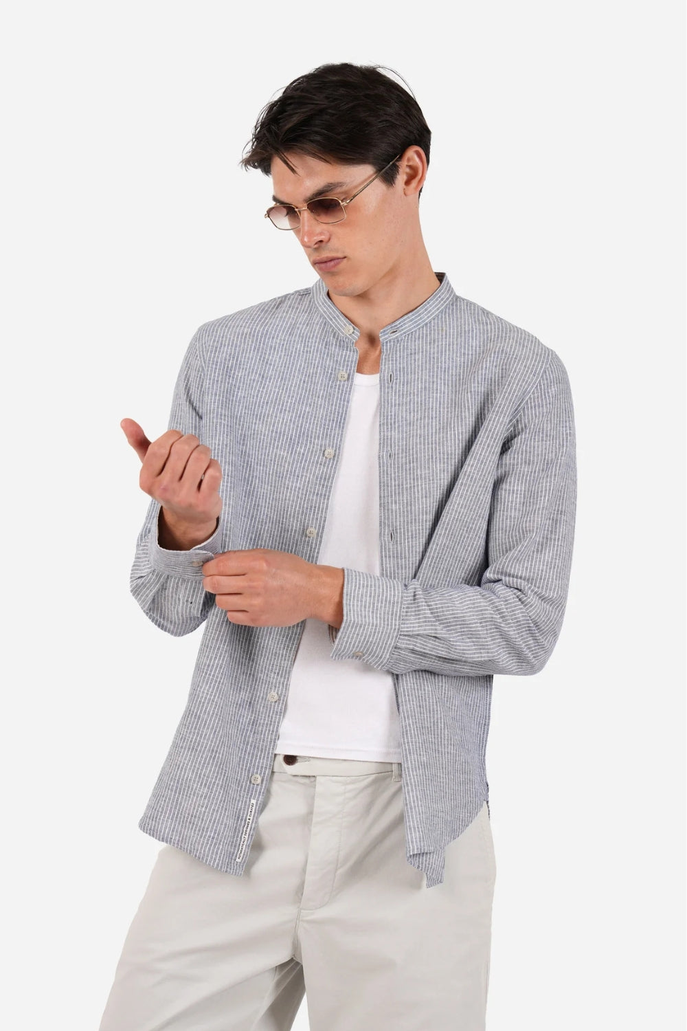 Grandpa Collar Shirt - Fine Blue Stripe