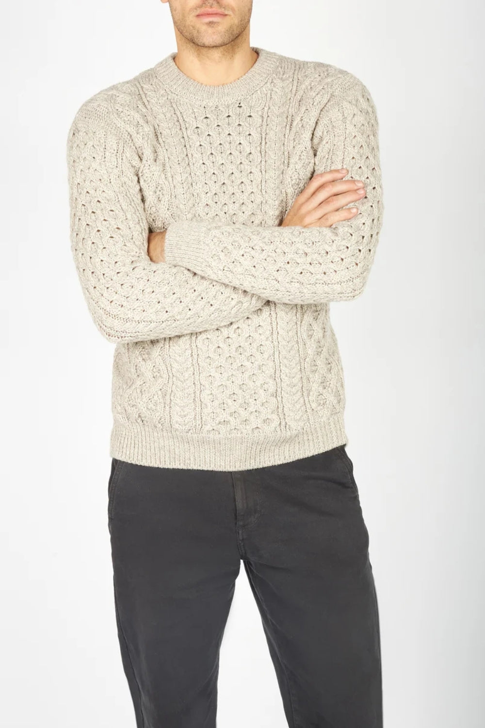 Honeycomb Stitch Blasket Aran Sweater - Stone Marl