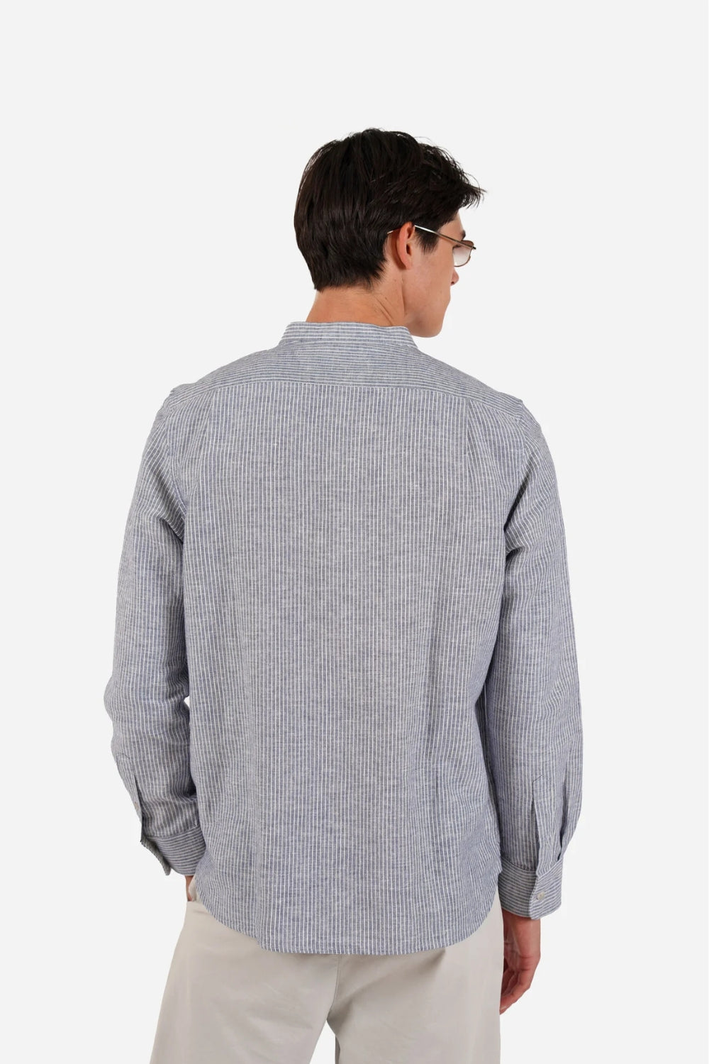 Grandpa Collar Shirt - Fine Blue Stripe