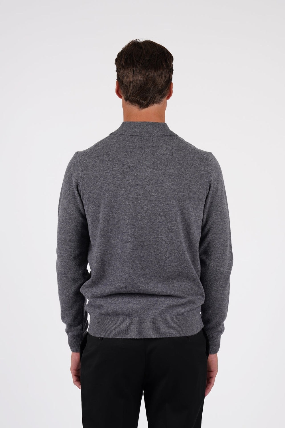 Pure Merino Wool L/S Polo - Grey Marle