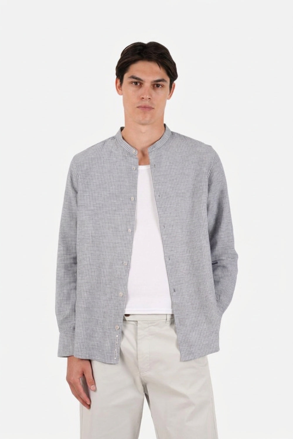 Grandpa Collar Shirt - Fine Blue Stripe