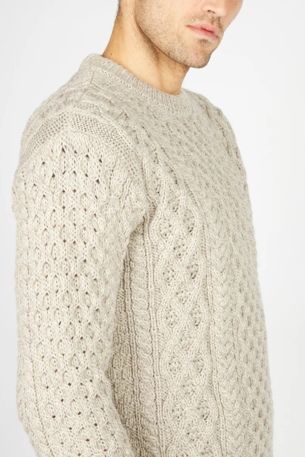 Honeycomb Stitch Blasket Aran Sweater - Stone Marl