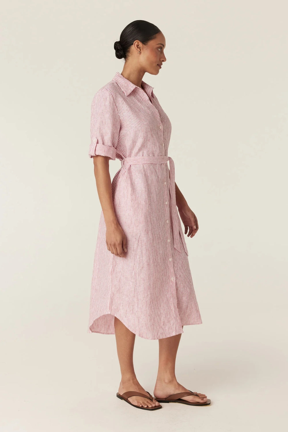 Pure Linen Tie Shirt Dress - Red Stripe