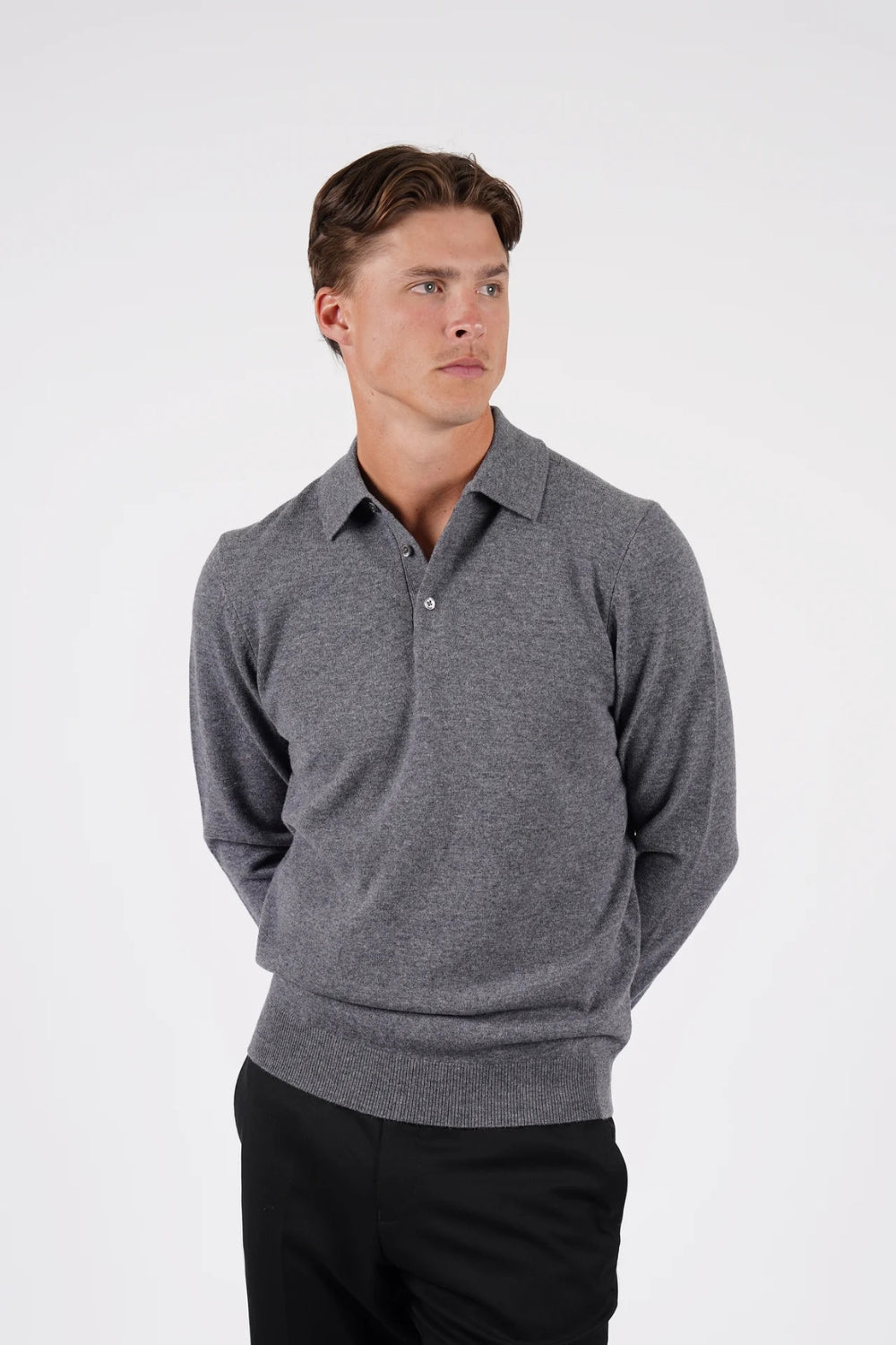 Pure Merino Wool L/S Polo - Grey Marle