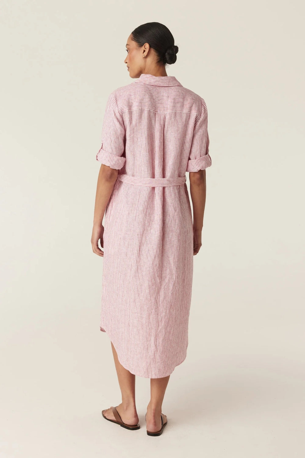 Pure Linen Tie Shirt Dress - Red Stripe