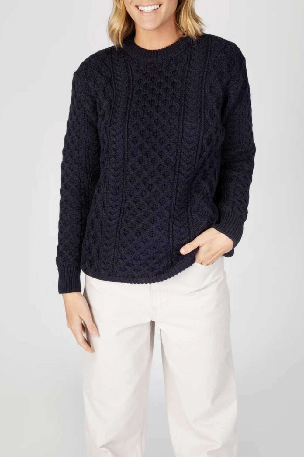 Honeycomb Stitch Blasket Aran Sweater - Navy