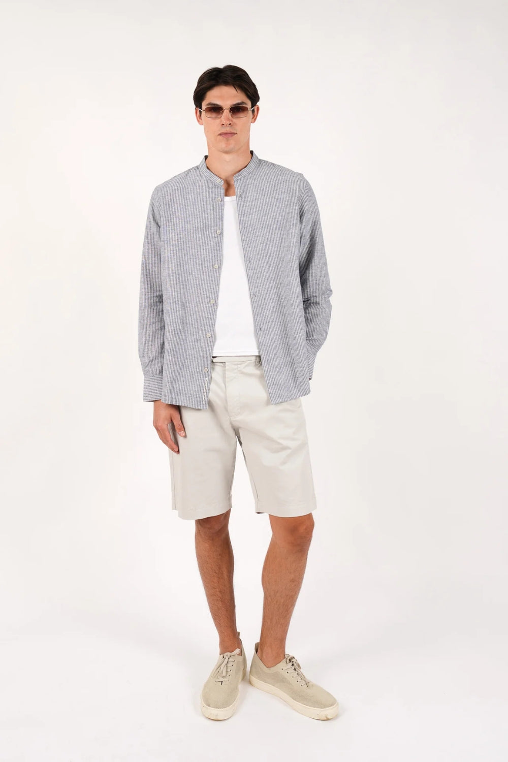 Grandpa Collar Shirt - Fine Blue Stripe