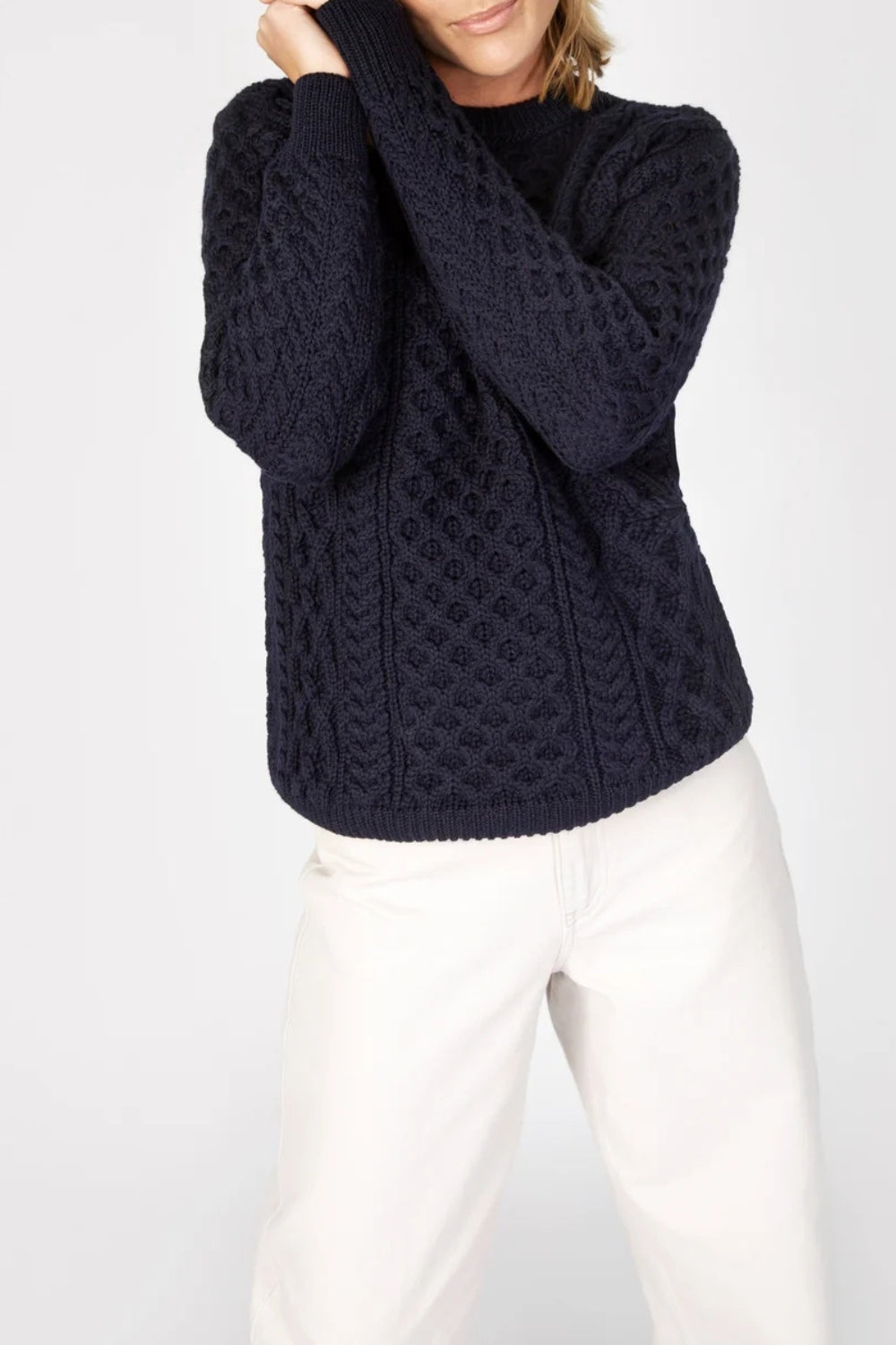Honeycomb Stitch Blasket Aran Sweater - Navy