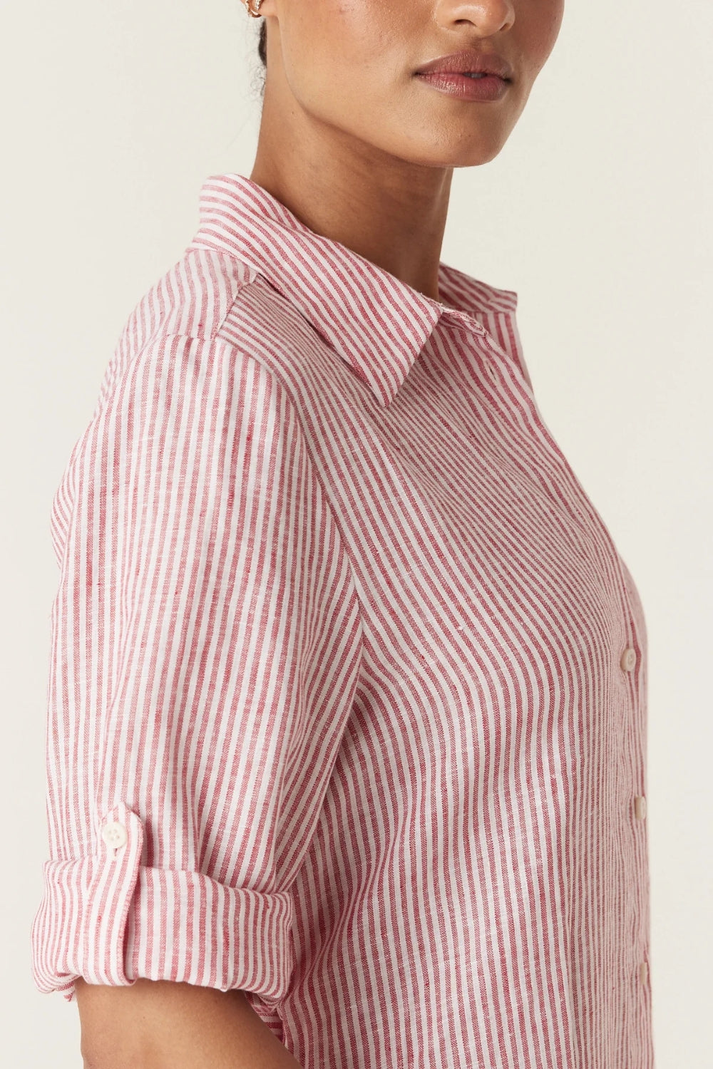 Pure Linen Tie Shirt Dress - Red Stripe