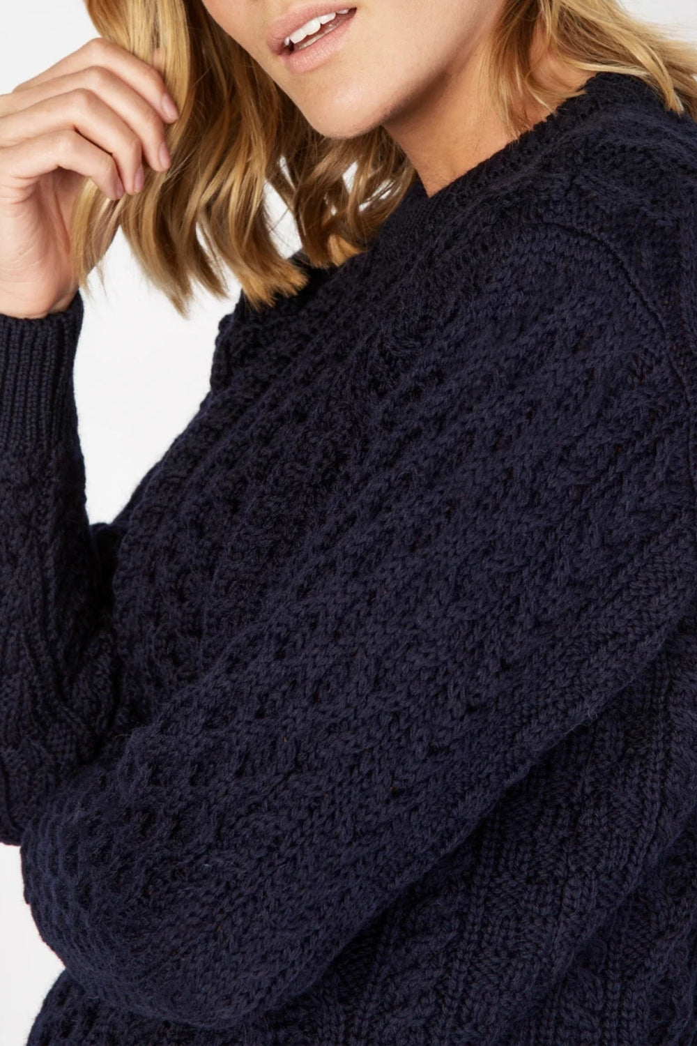 Honeycomb Stitch Blasket Aran Sweater - Navy