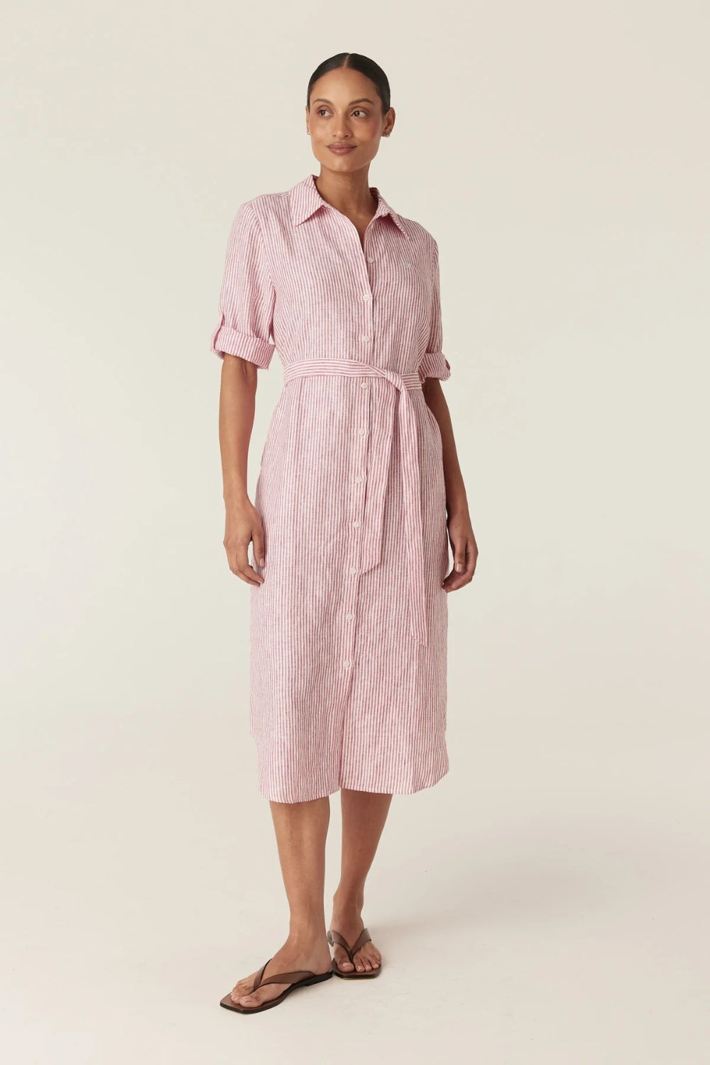 Pure Linen Tie Shirt Dress - Red Stripe