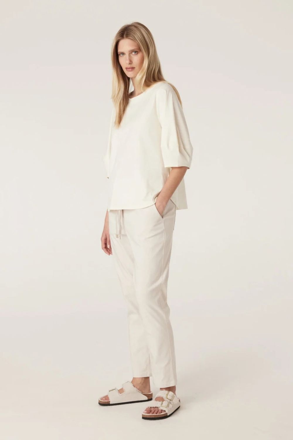 Cable Pima Lantern Sleeve Top - Cream