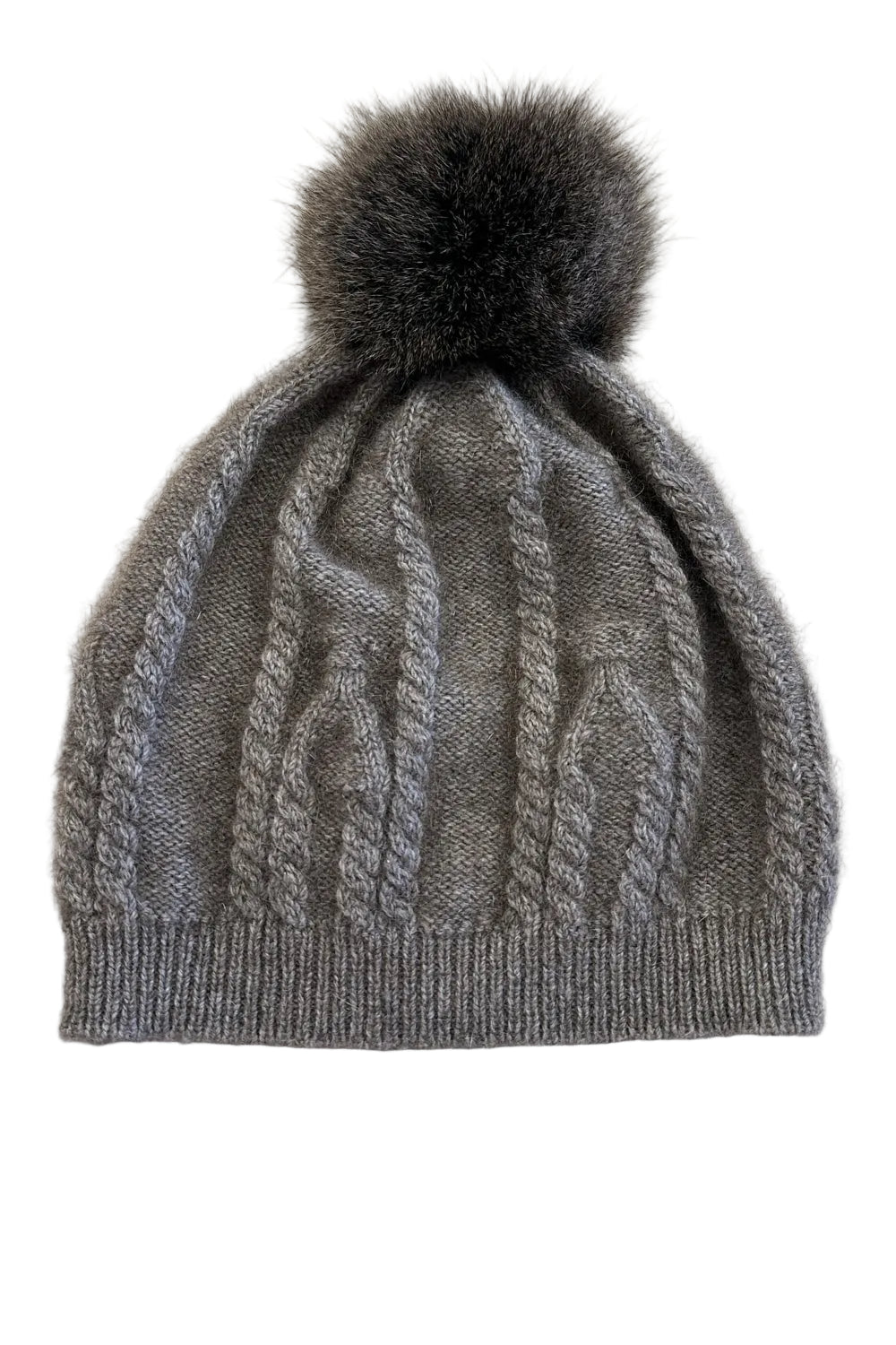 Fur Pom Pom Cable Beanie - Mocha & Snowtip
