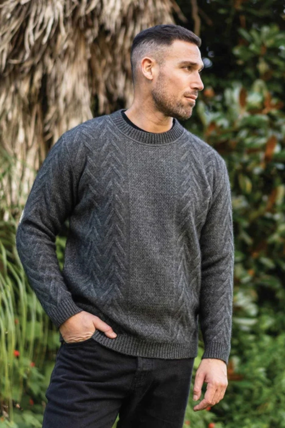 Mens Crew Neck Aran Jumper - Mid Grey