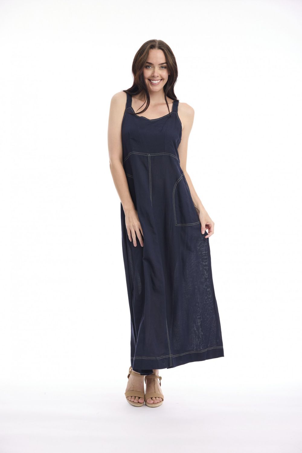 Orientique Linen Strap Dress - Navy