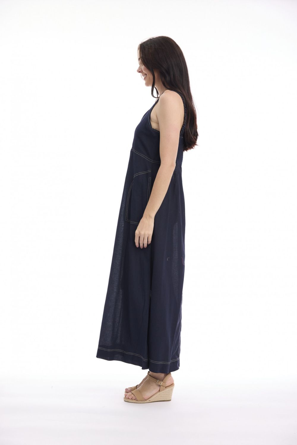 Orientique Linen Strap Dress - Navy